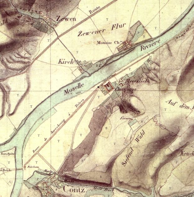 Detailierte alte Karte der Mosel, Deutschland, zeigt Straßen, Gebäude und einen Fluss, der durch die Stadt verläuft, mit Text, der historische und geographische Kontext liefert.